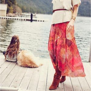 Anthropologie Weston Fallen Sun Maxi Skirt Red Pink Stretch Geo Printed Size XS